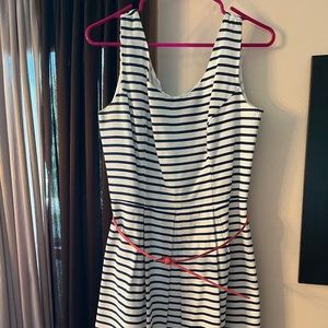 Navy and white stripped dress with coral belt